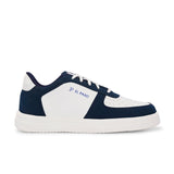 A white and blue sneaker featuring a sleek design and a clean white sole, perfect for casual wear.