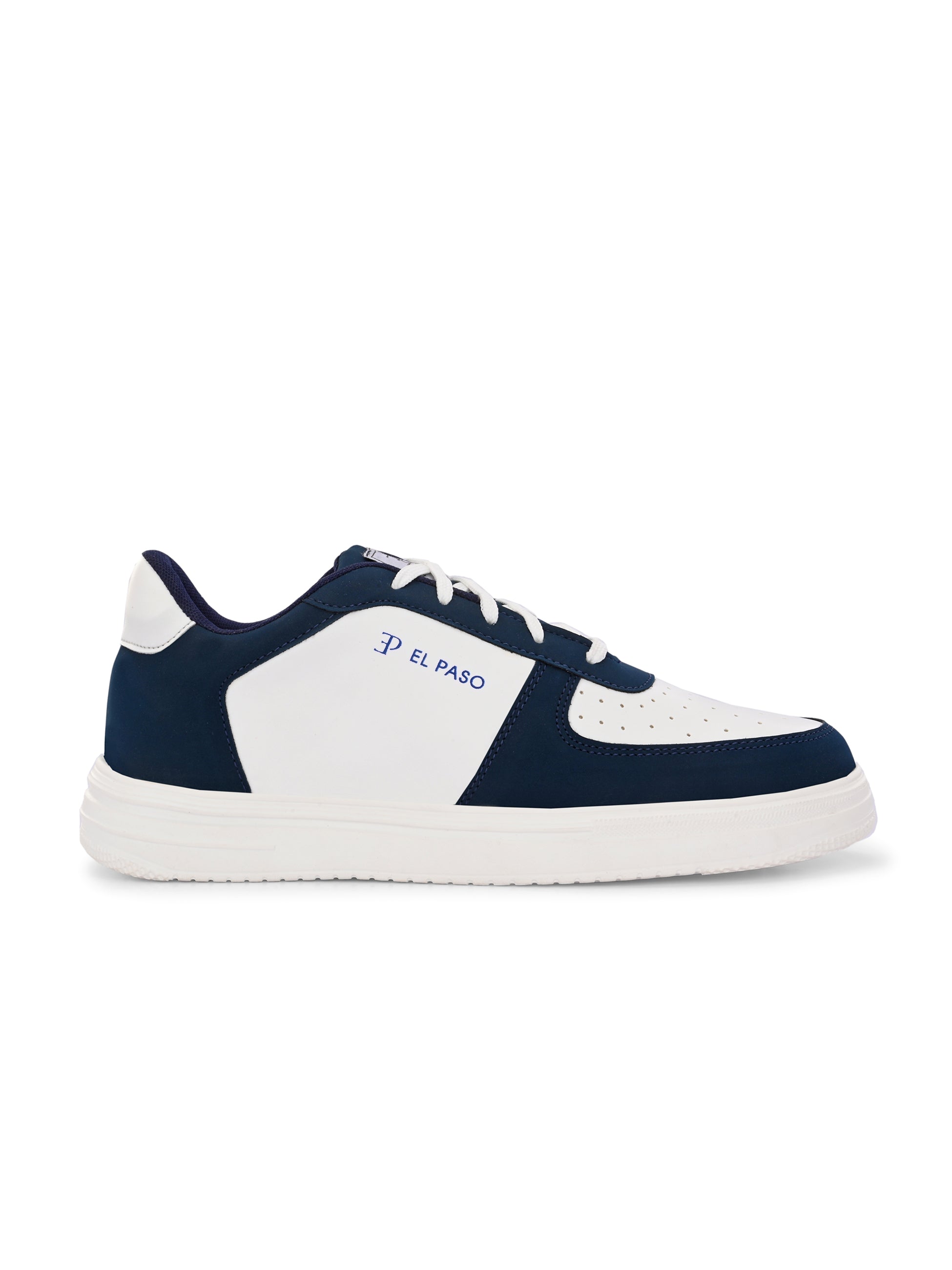 A white and blue sneaker featuring a sleek design and a clean white sole, perfect for casual wear.