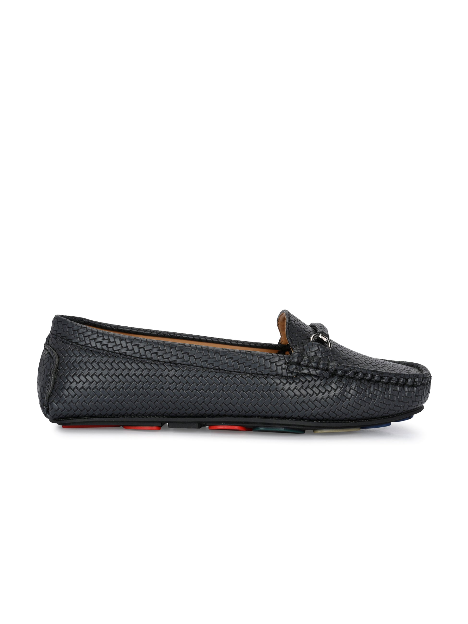 Black Textured Slip-On Loafers For Women
