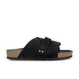 Black Men's casual flat heel strap sandal with slip-on closure