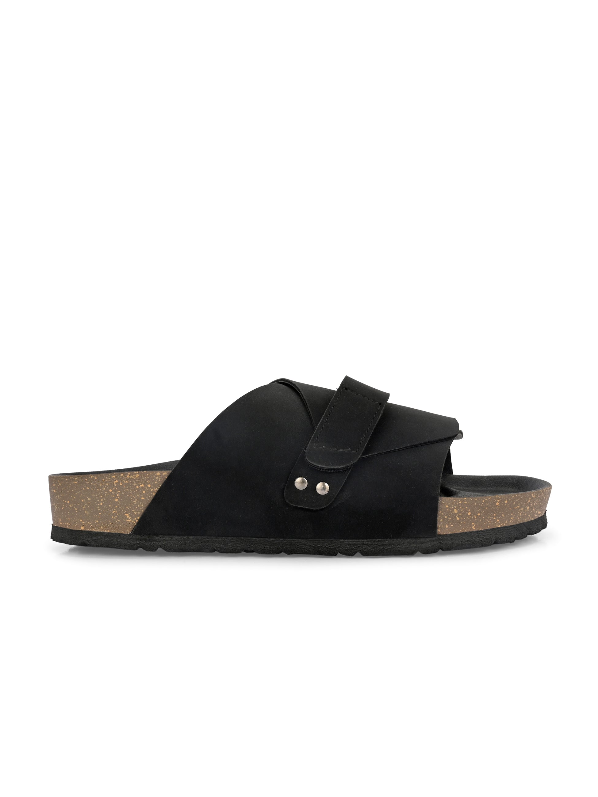 Black Men's casual flat heel strap sandal with slip-on closure