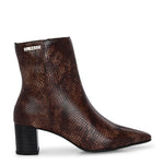 brown textured ankle boots with a sleek snakeskin pattern and a block heel design
