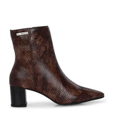 brown textured ankle boots with a sleek snakeskin pattern and a block heel design