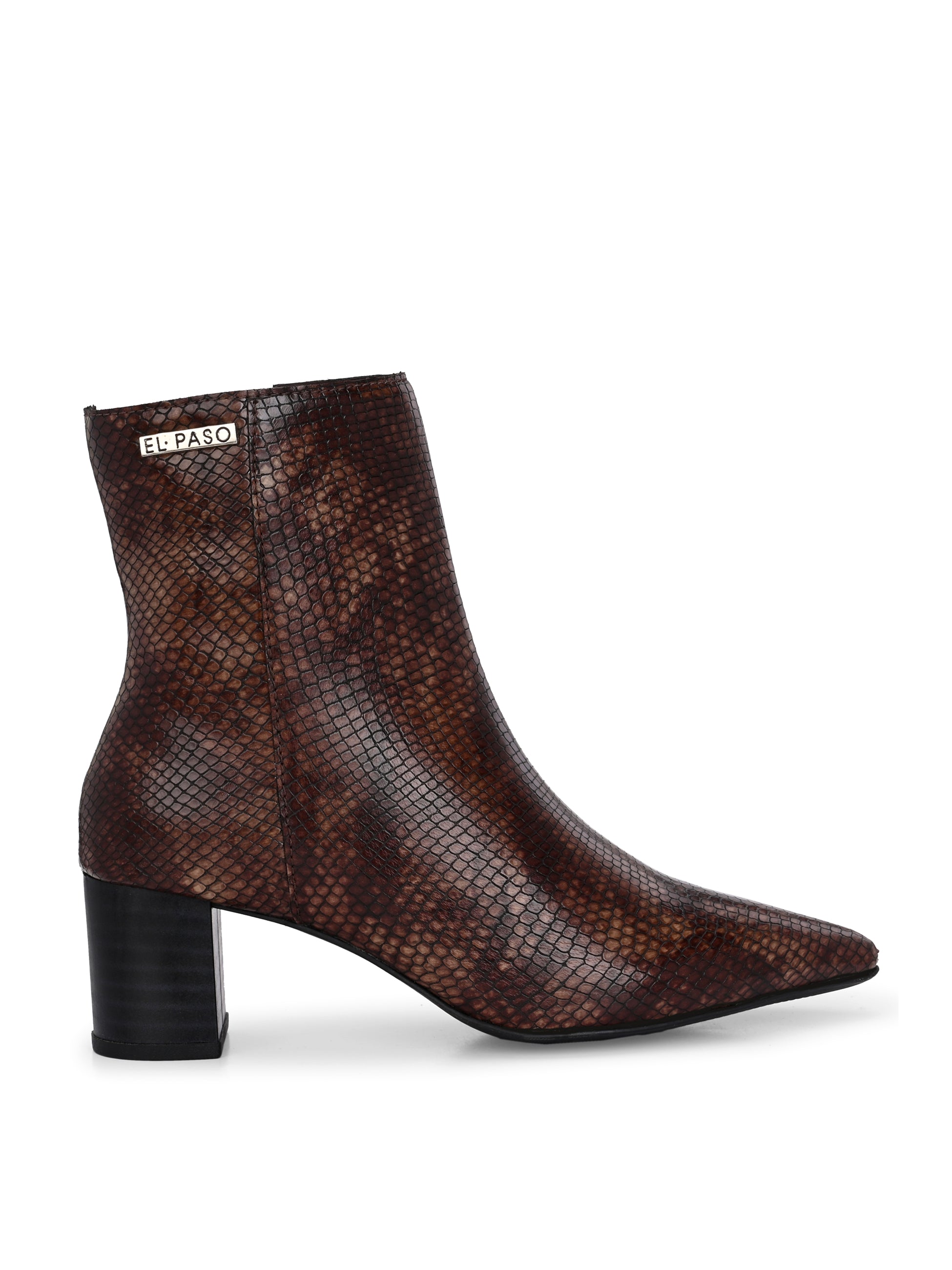 brown textured ankle boots with a sleek snakeskin pattern and a block heel design
