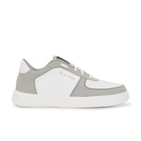 A white and grey sneaker featuring a sleek design and a clean white sole, perfect for casual wear.