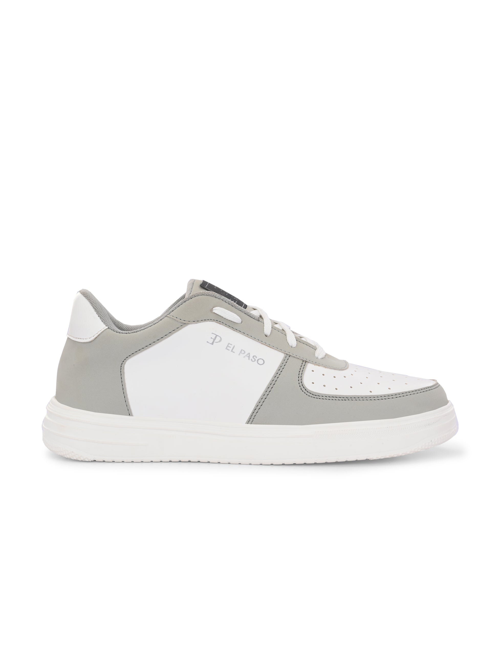 A white and grey sneaker featuring a sleek design and a clean white sole, perfect for casual wear.