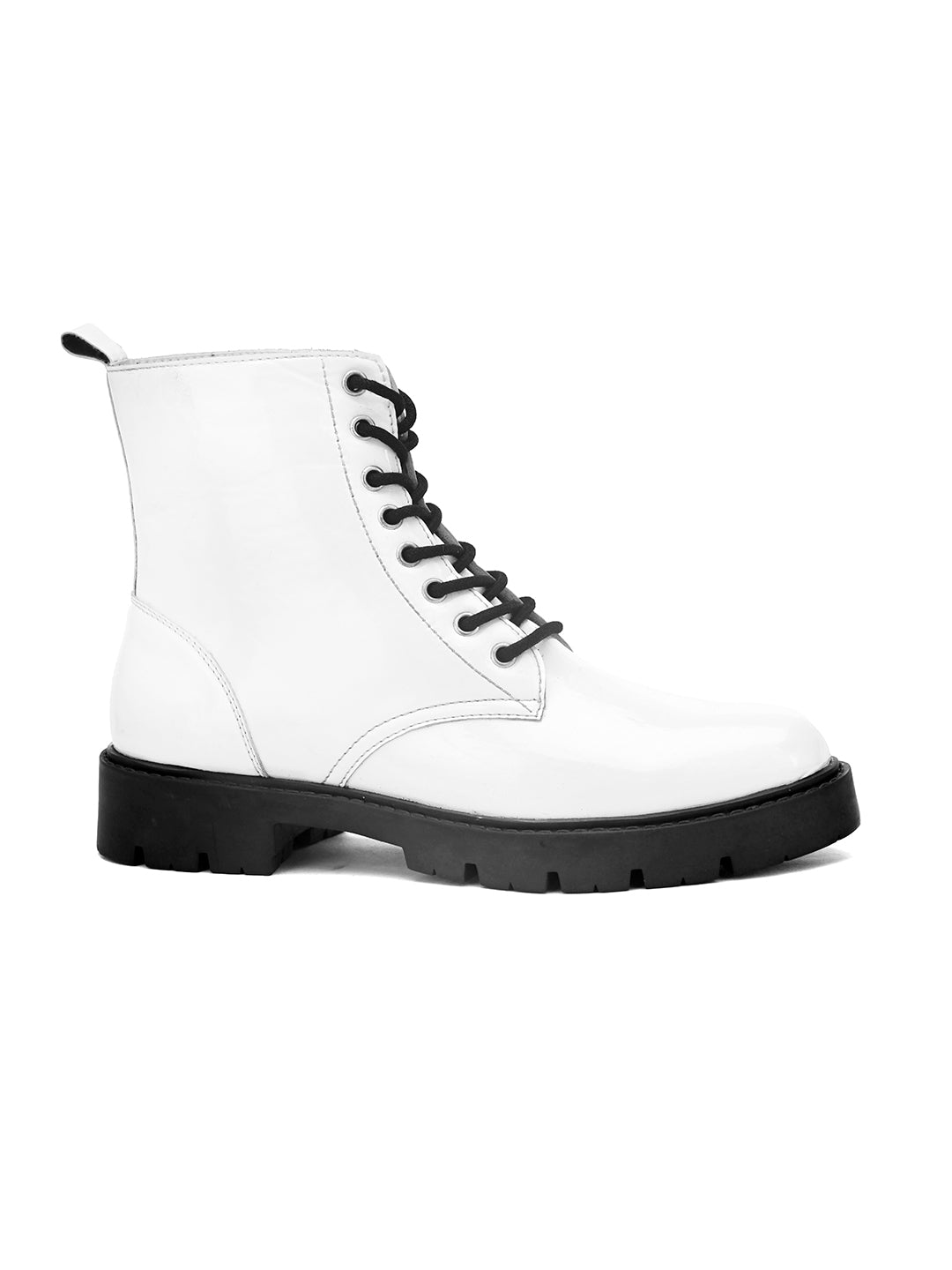 Shiny White Lace-Up Block Heel Boots