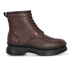 A sleek brown leather Chelsea lace-up boot with a side zipper, pull-tab at the back, and a low block heel.