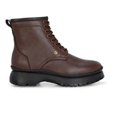 A sleek brown leather Chelsea lace-up boot with a side zipper, pull-tab at the back, and a low block heel.