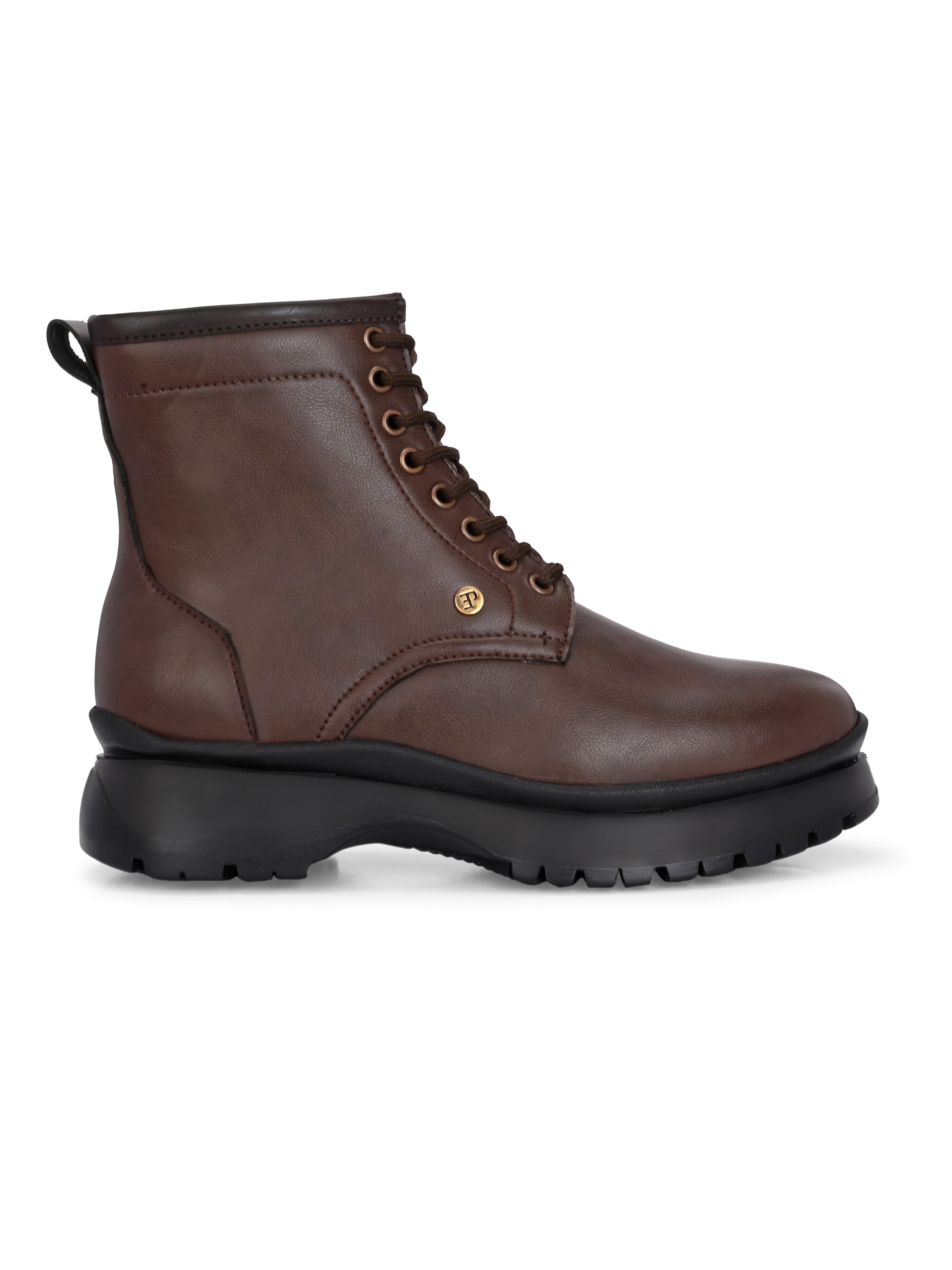 A sleek brown leather Chelsea lace-up boot with a side zipper, pull-tab at the back, and a low block heel.