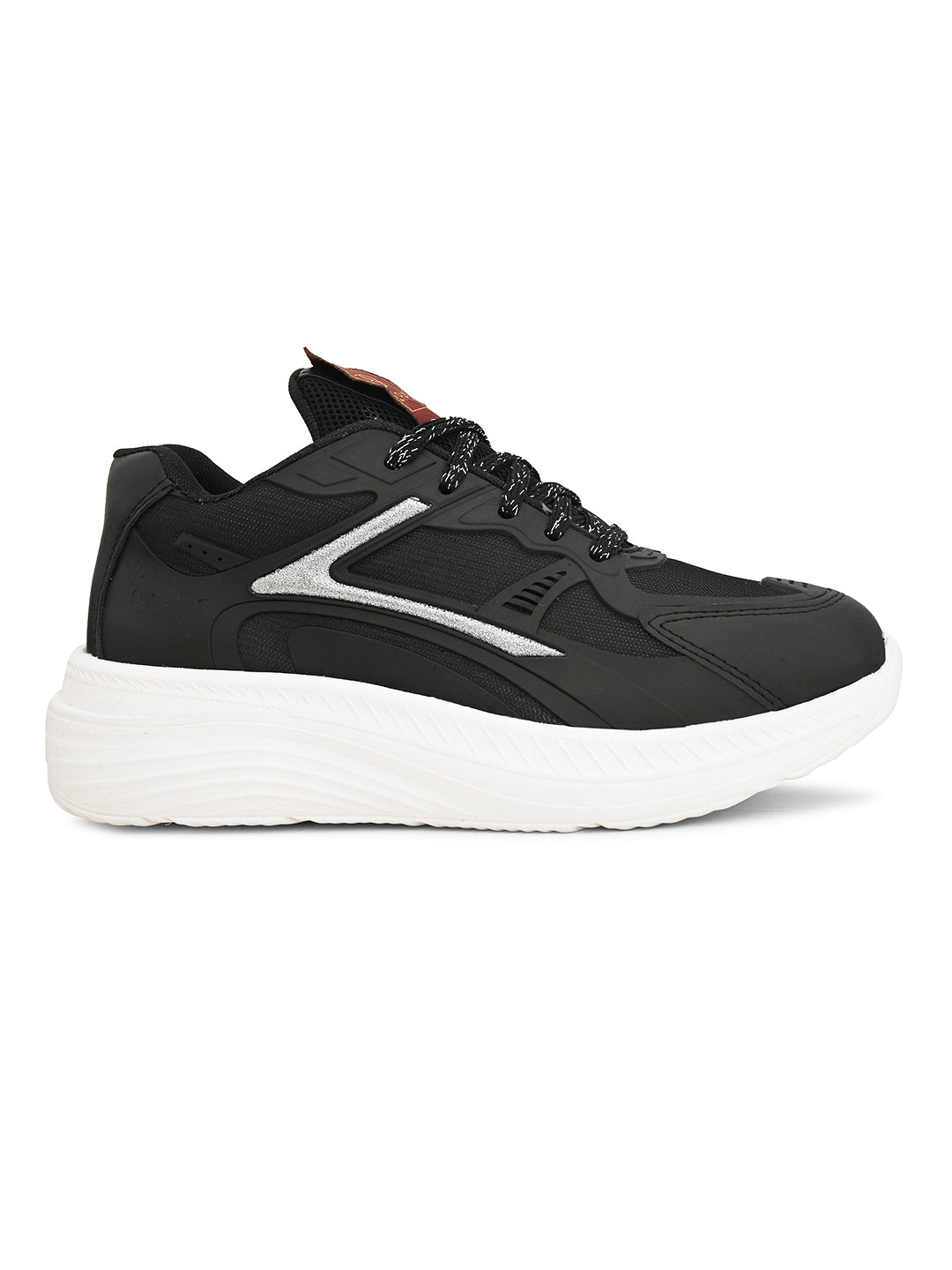 A black and white sneaker with a simple design.