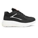 A black and white sneaker with a simple design.