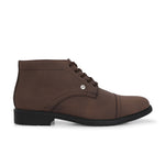 Faux leather casual boots with a cap toe, sleek design, metal eyelets, and a small brand logo near the ankle.