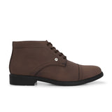Faux leather casual boots with a cap toe, sleek design, metal eyelets, and a small brand logo near the ankle.