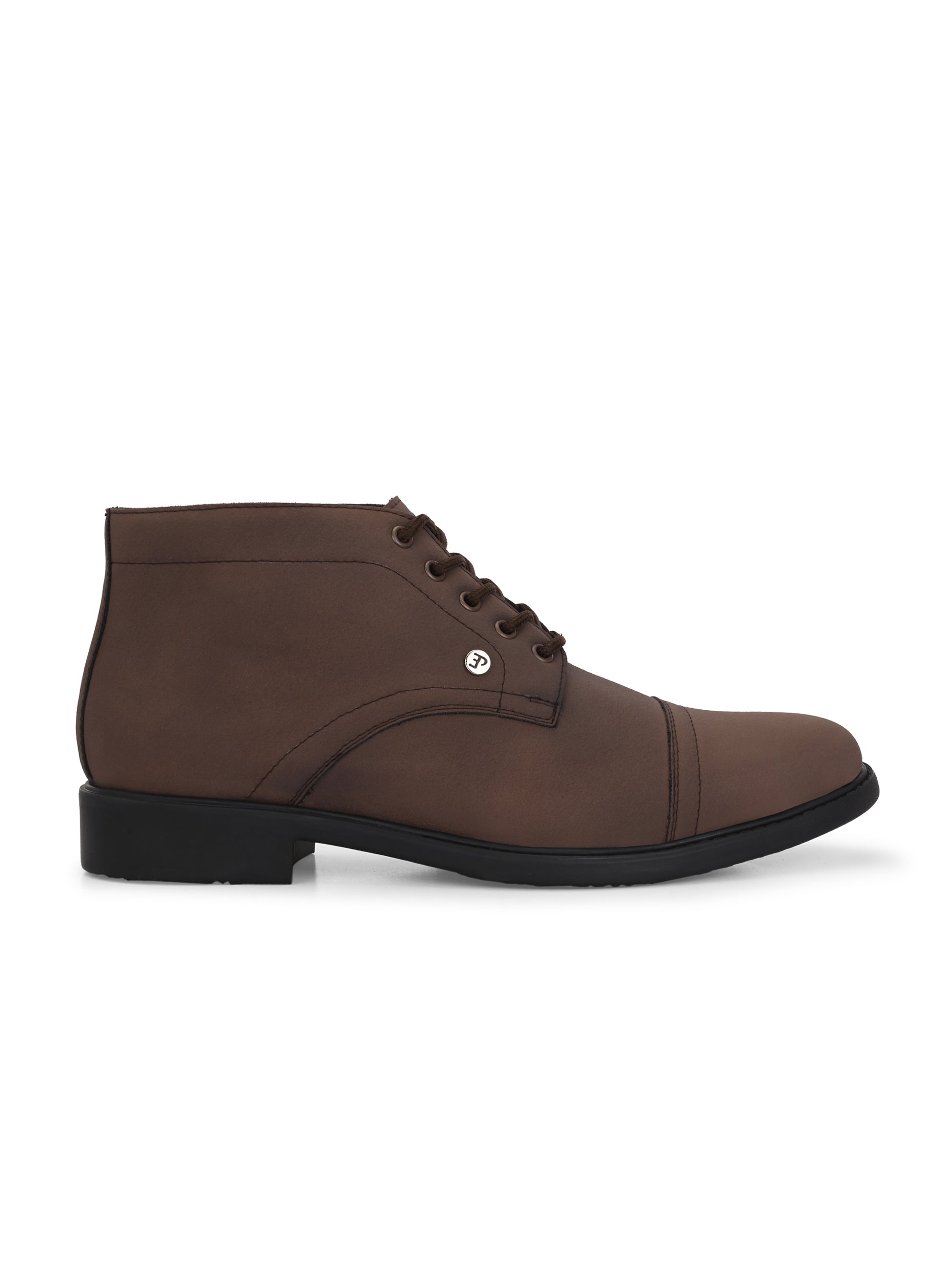 Faux leather casual boots with a cap toe, sleek design, metal eyelets, and a small brand logo near the ankle.