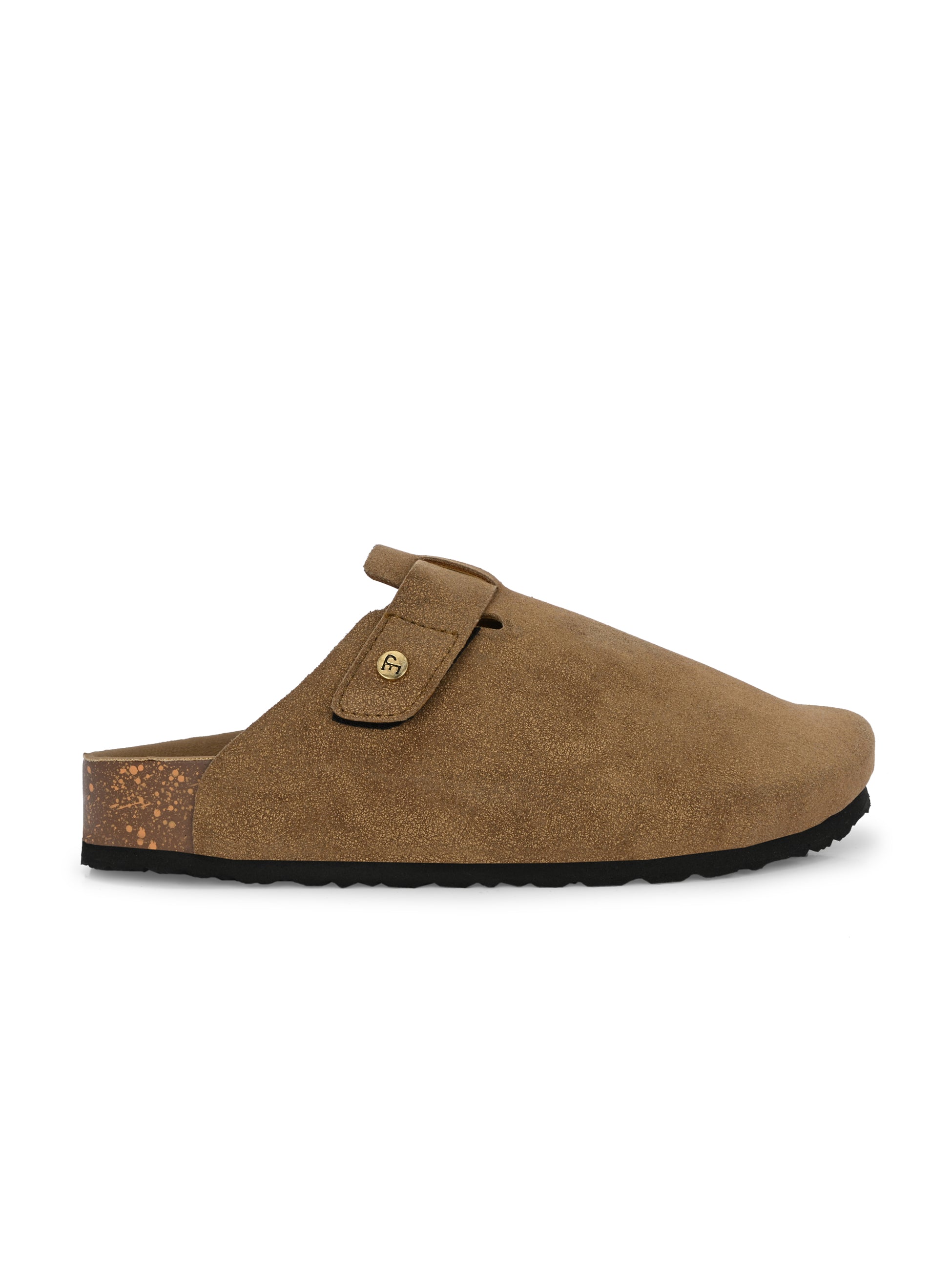Olive suede slip-on clog with a black rubber sole and adjustable strap.