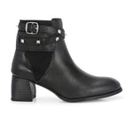 Black leather ankle boots with studded straps and a buckle design.