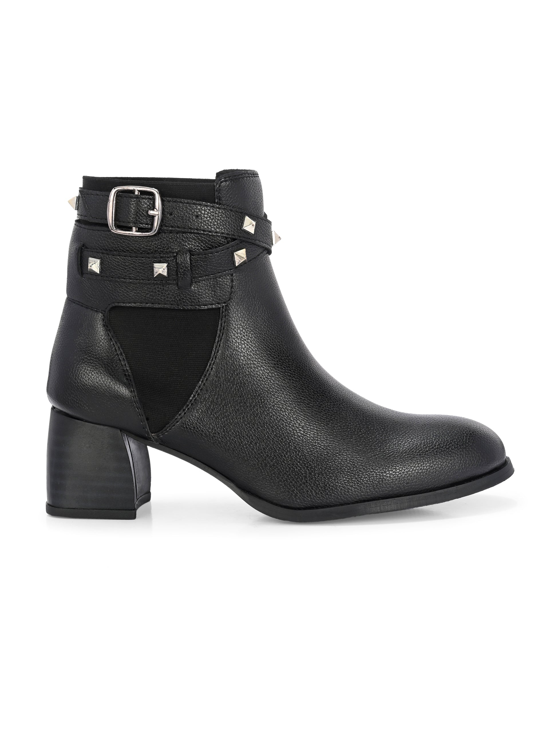 Black leather ankle boots with studded straps and a buckle design.