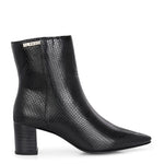 Black textured ankle boots with a sleek snakeskin pattern and a block heel design