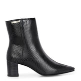 Black textured ankle boots with a sleek snakeskin pattern and a block heel design