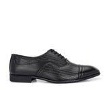 A black formal shoe with a textured pattern, lace-up design, and smooth toe cap.