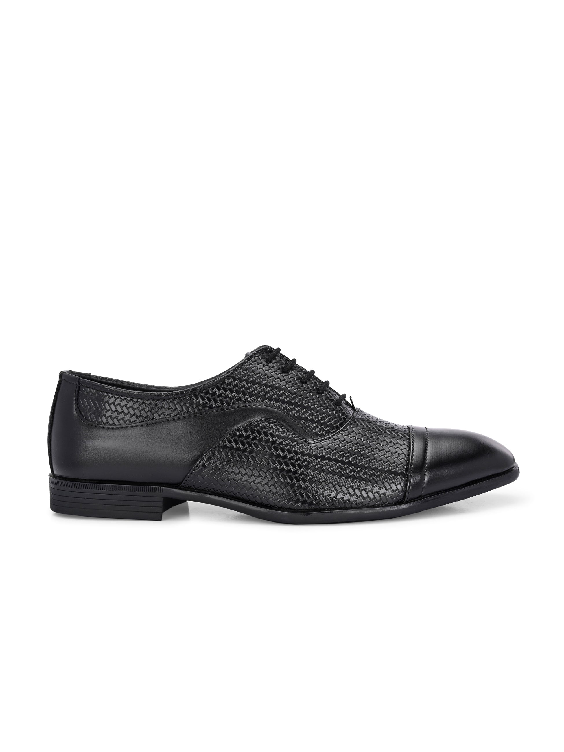 A black formal shoe with a textured pattern, lace-up design, and smooth toe cap.