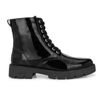 Shiny Black Lace-Up Block Heel Boots