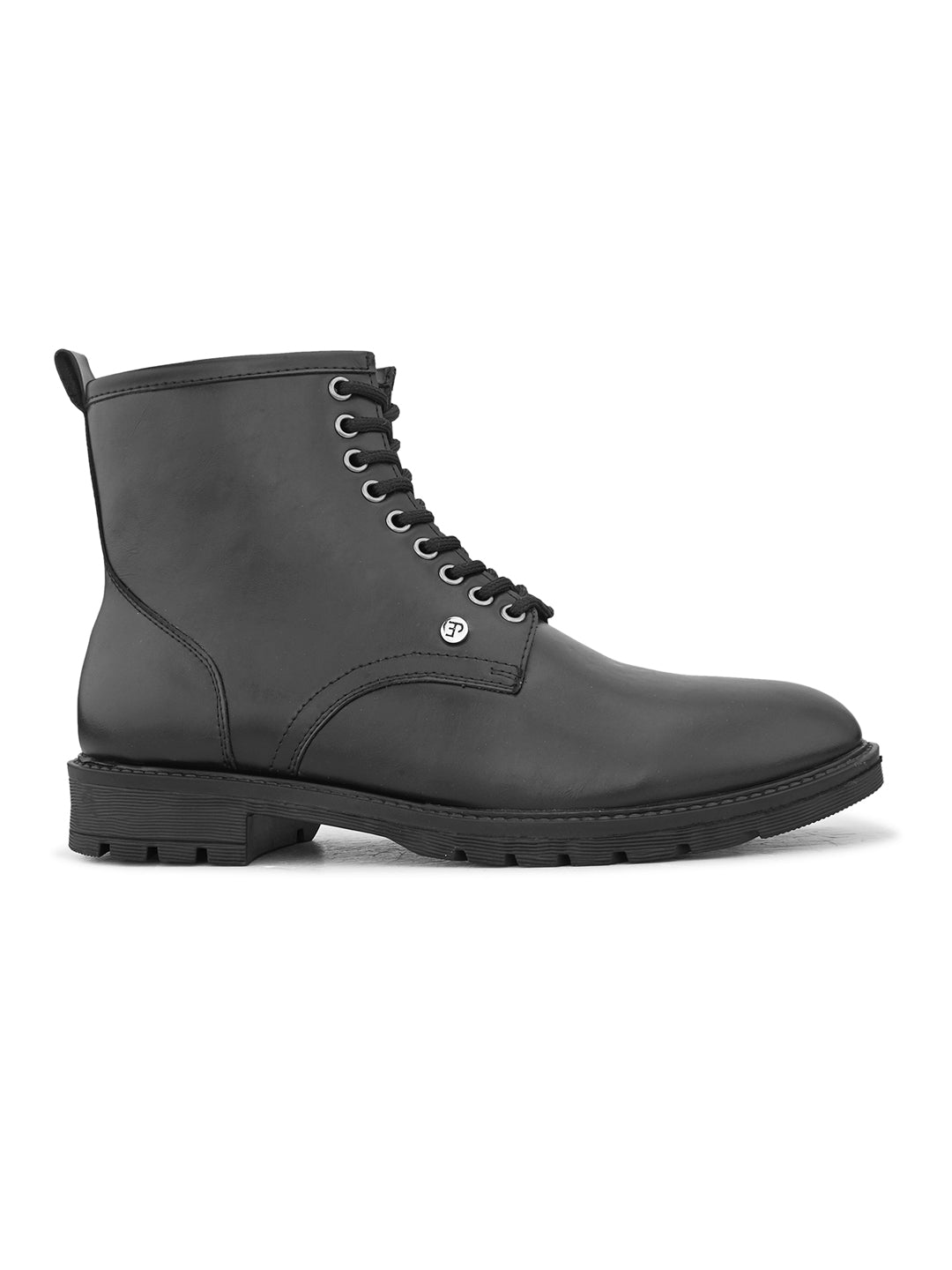 A sleek black patent leather Chelsea lace-up boot with a side zipper, pull-tab at the back, and a low block heel.