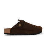 Brown suede slip-on clog with a black rubber sole and adjustable strap.