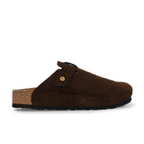 Brown suede slip-on clog with a black rubber sole and adjustable strap.
