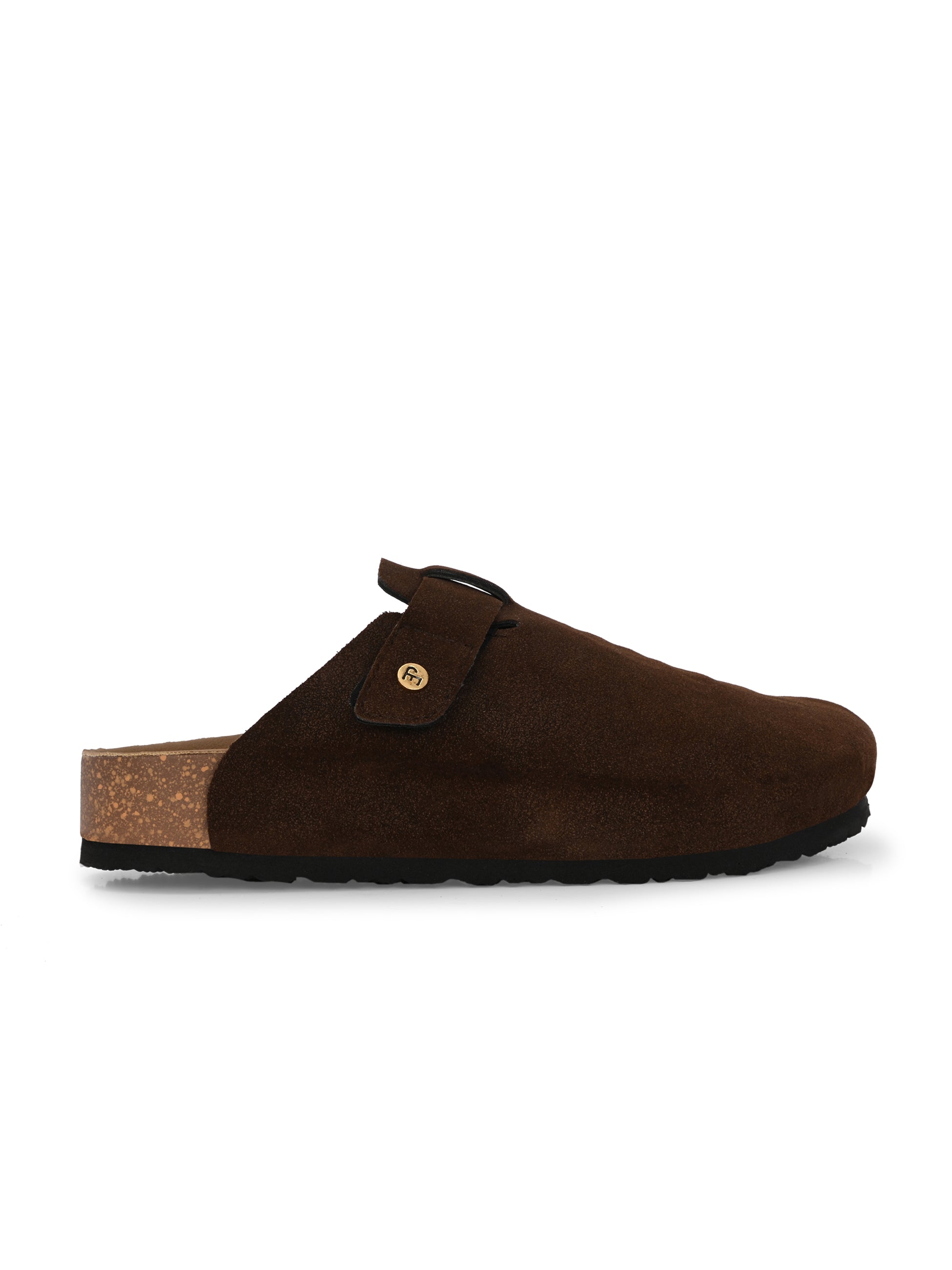 Brown suede slip-on clog with a black rubber sole and adjustable strap.