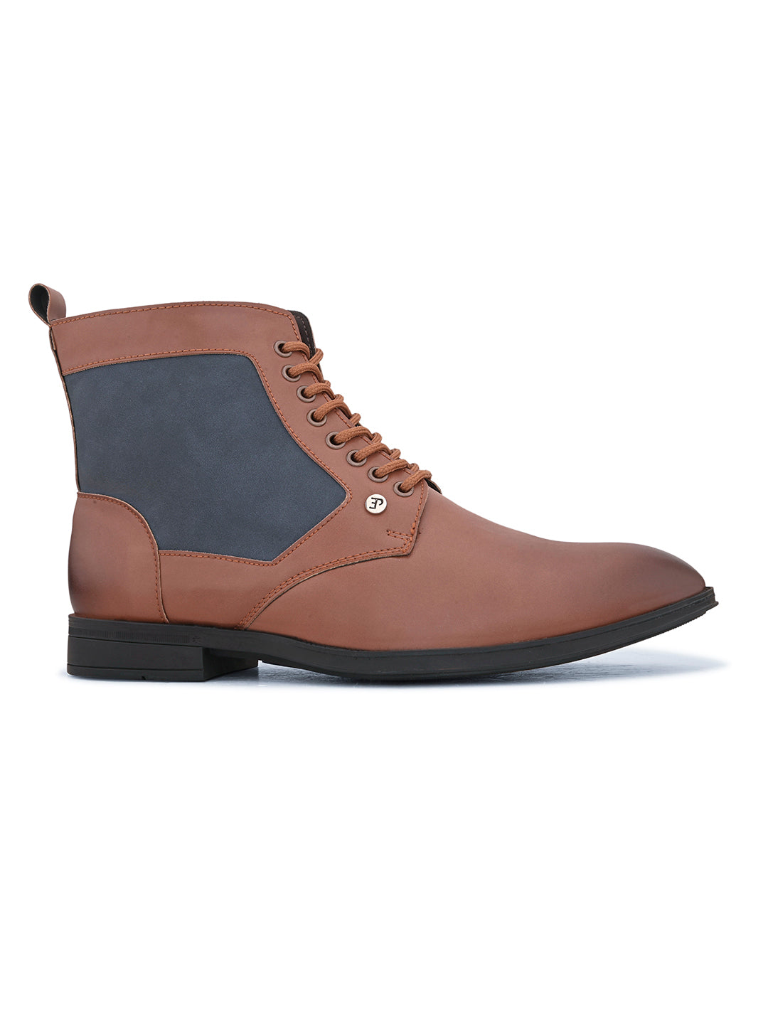 Brown and navy leather lace-up boots