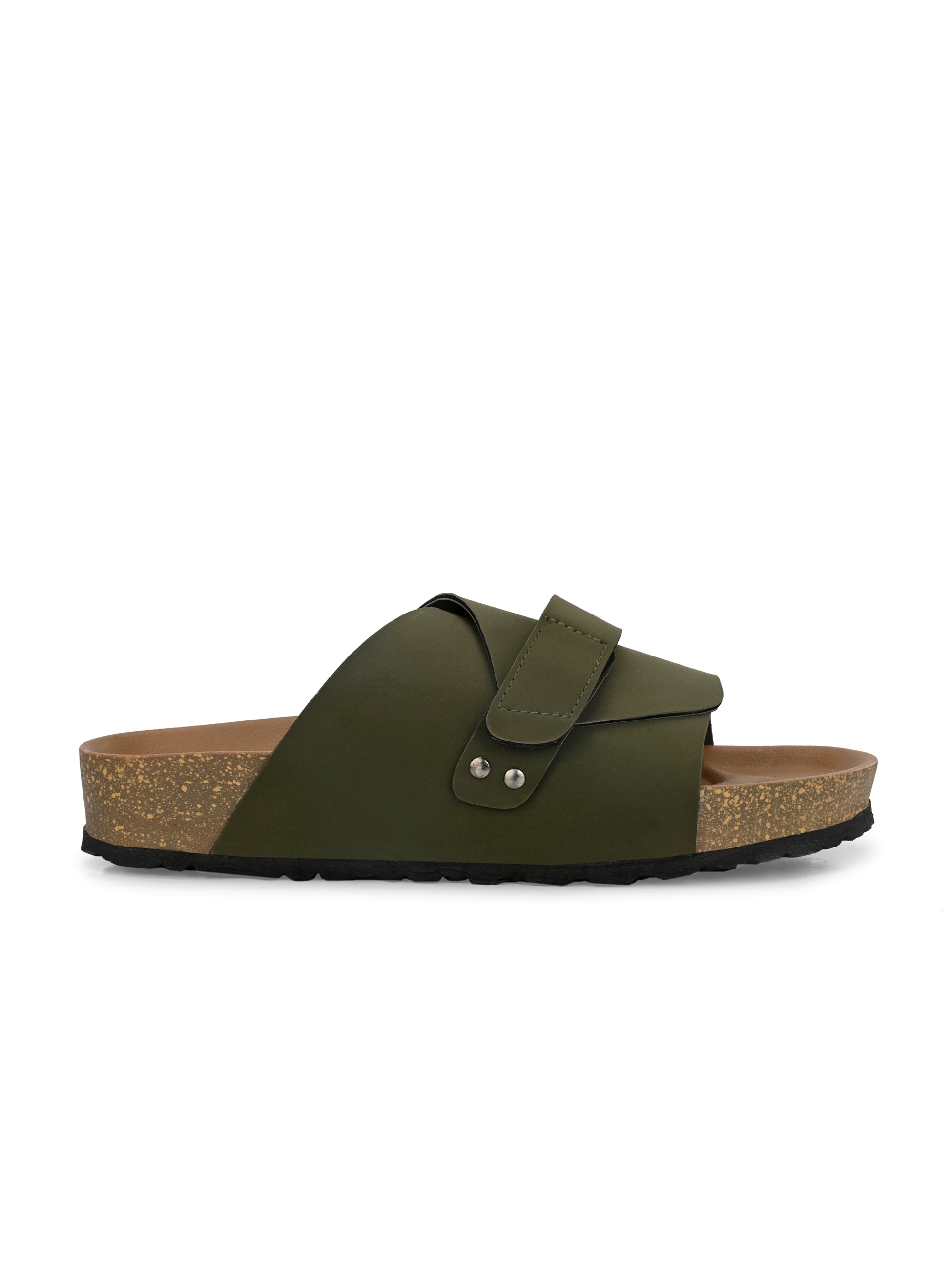 Olive Men's casual flat heel strap sandal with slip-on closure