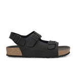 Black Men's casual flat heel buckle strap sandal with back strap closure