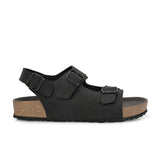 Black Men's casual flat heel buckle strap sandal with back strap closure