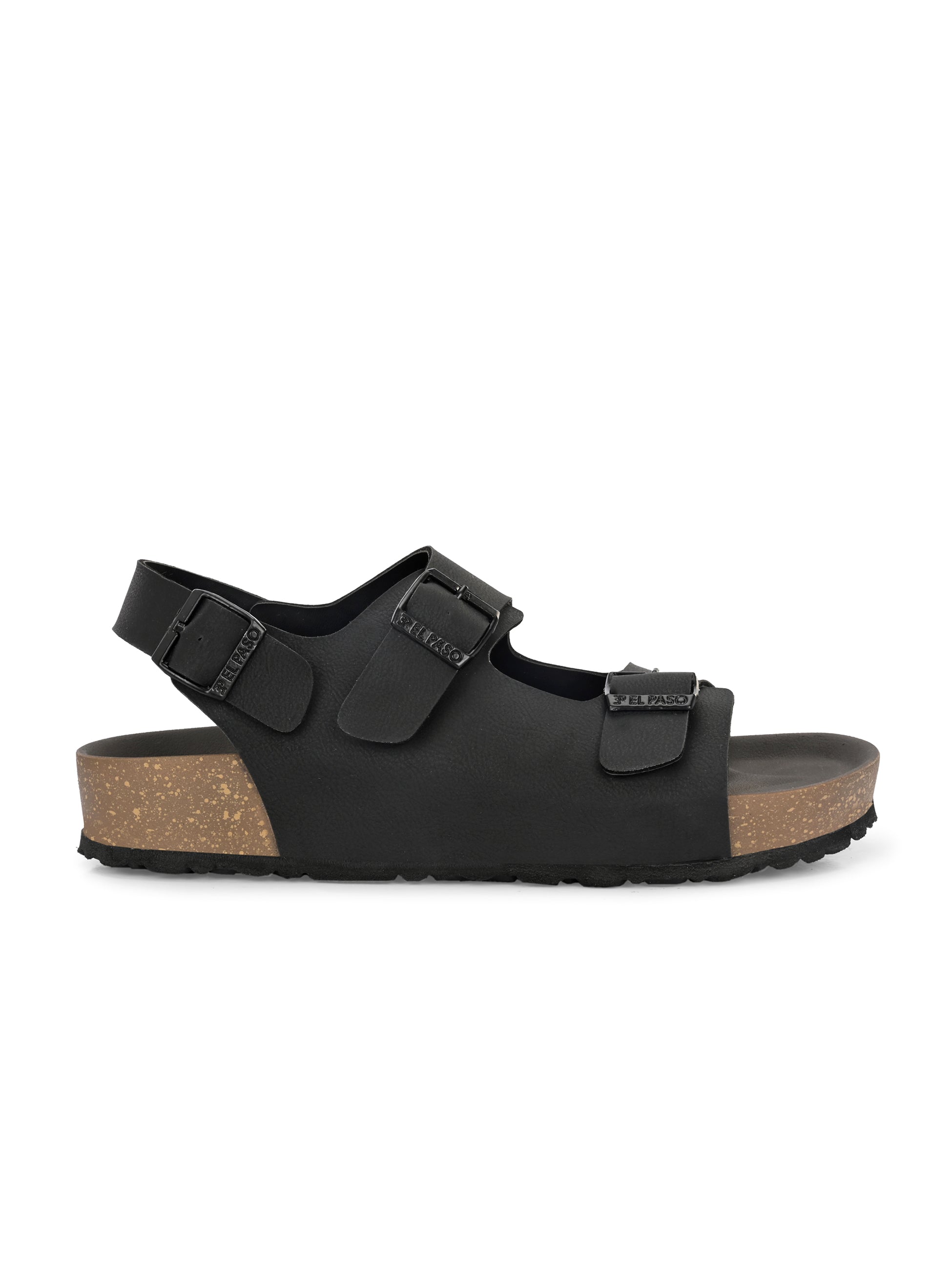 Black Men's casual flat heel buckle strap sandal with back strap closure
