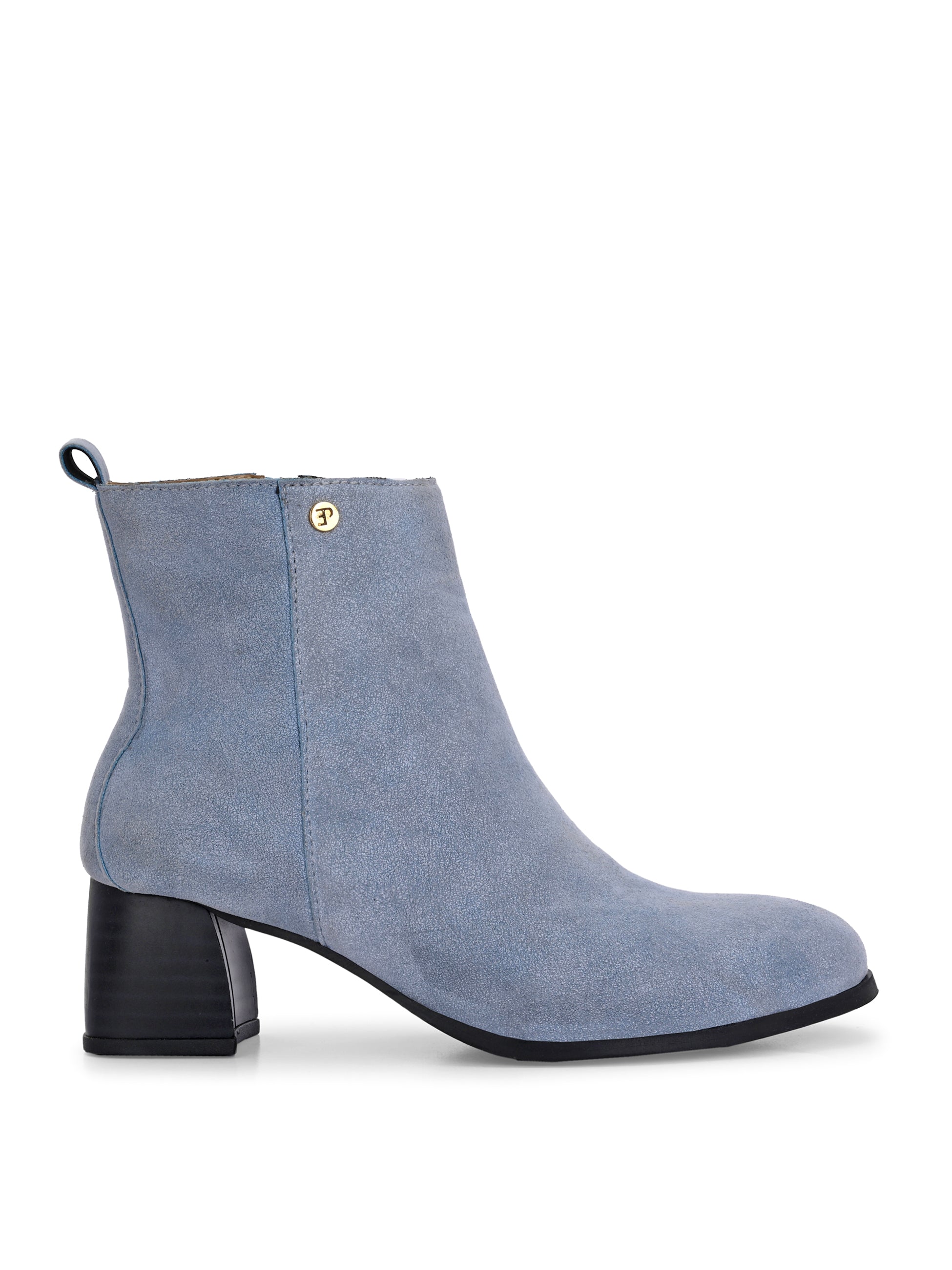 Light blue heigh top boot with a block heel and a sleek, minimalist design.