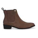 Brown suede slip-on boots with ribbed elastic panels, a pull-tab, and a low block heel for a stylish, comfortable fit.