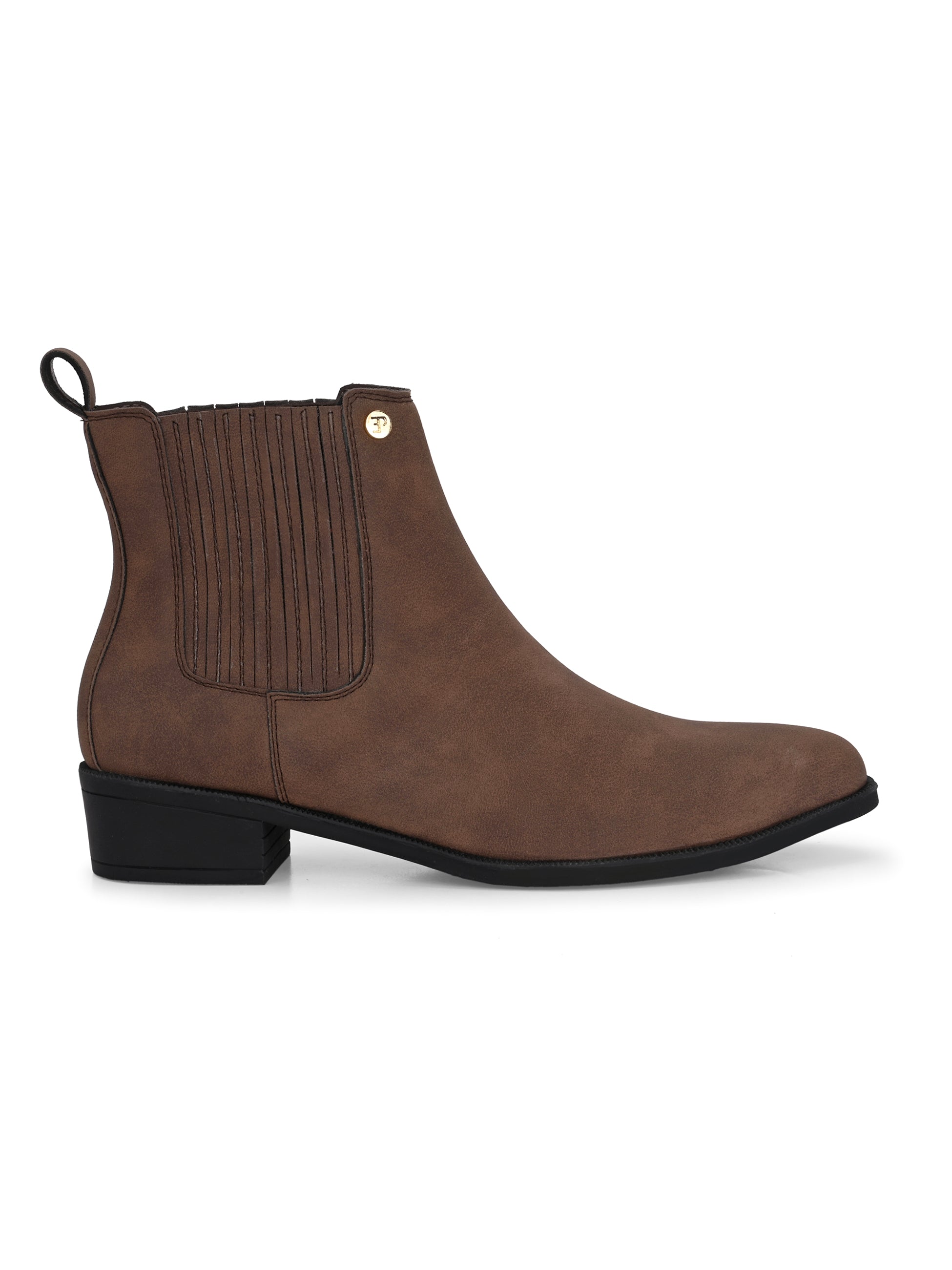 Brown suede slip-on boots with ribbed elastic panels, a pull-tab, and a low block heel for a stylish, comfortable fit.