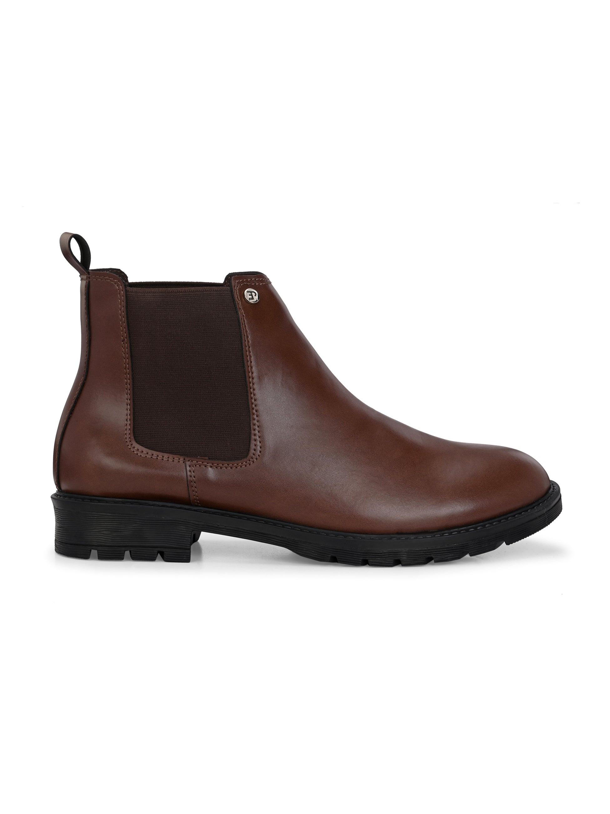 Brown Chelsea boots with elastic side panels, a pull-tab at the heel, rounded toe, and a small metallic brand logo near the ankle.