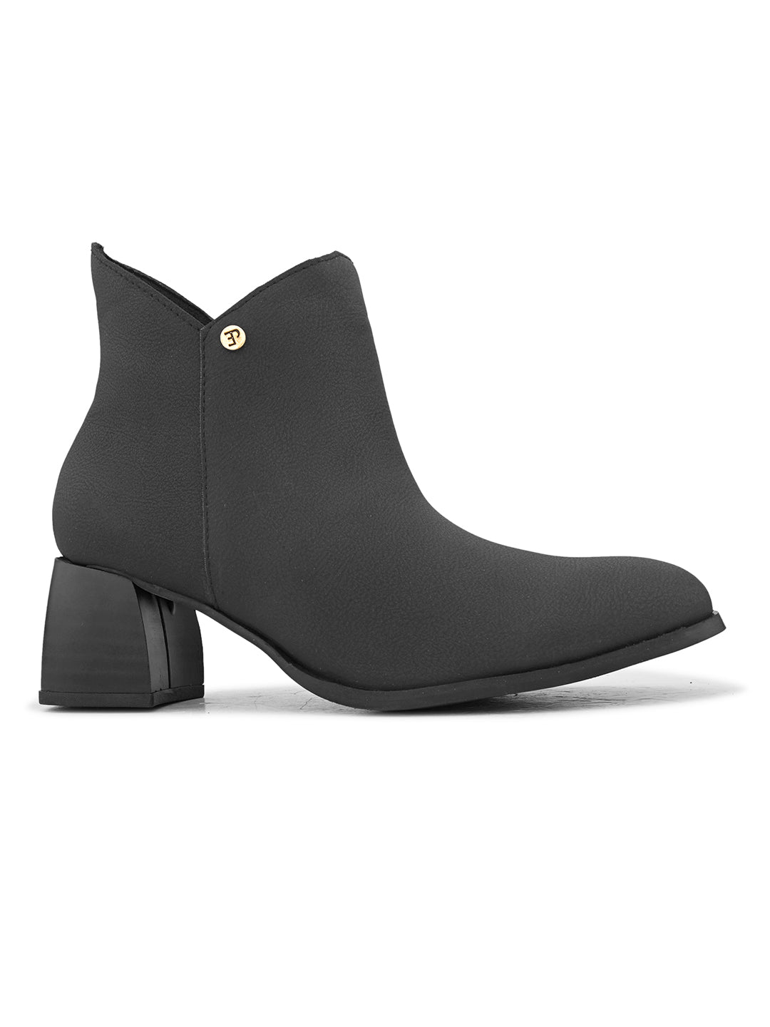 Black ankle boots with a block heel and a sleek gold accent.