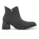 Black ankle boots with a block heel and a sleek gold accent.