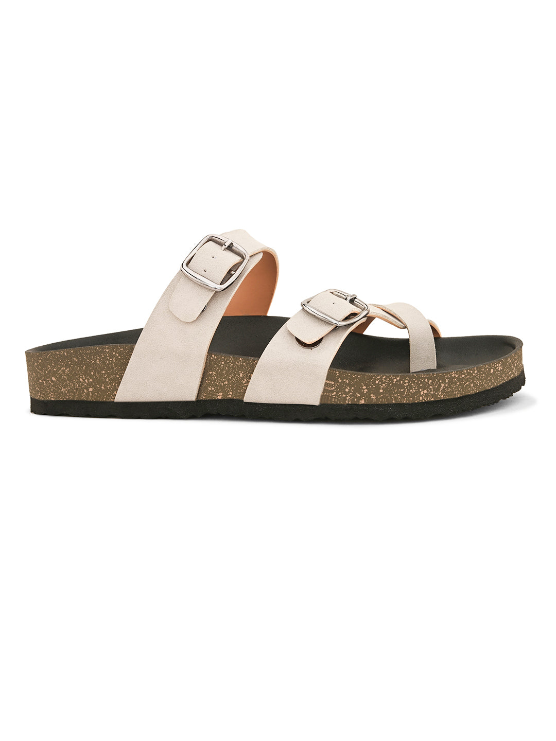Pink cork-sole sandal with two adjustable straps featuring silver buckles and a casual slip-on design.