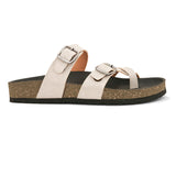 Pink cork-sole sandal with two adjustable straps featuring silver buckles and a casual slip-on design.