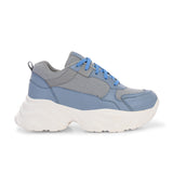 A chunky sneaker with a gray mesh upper, blue leather panels, blue laces, and a thick white sole.