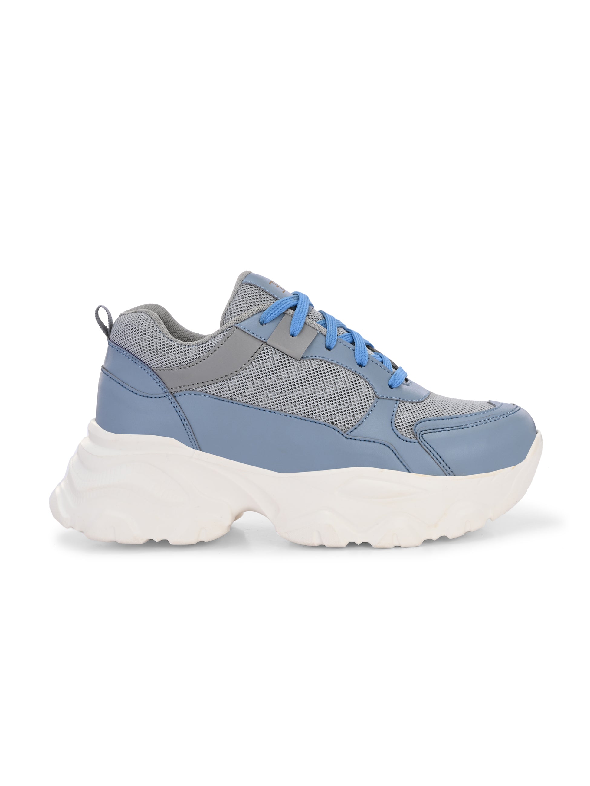 A chunky sneaker with a gray mesh upper, blue leather panels, blue laces, and a thick white sole.