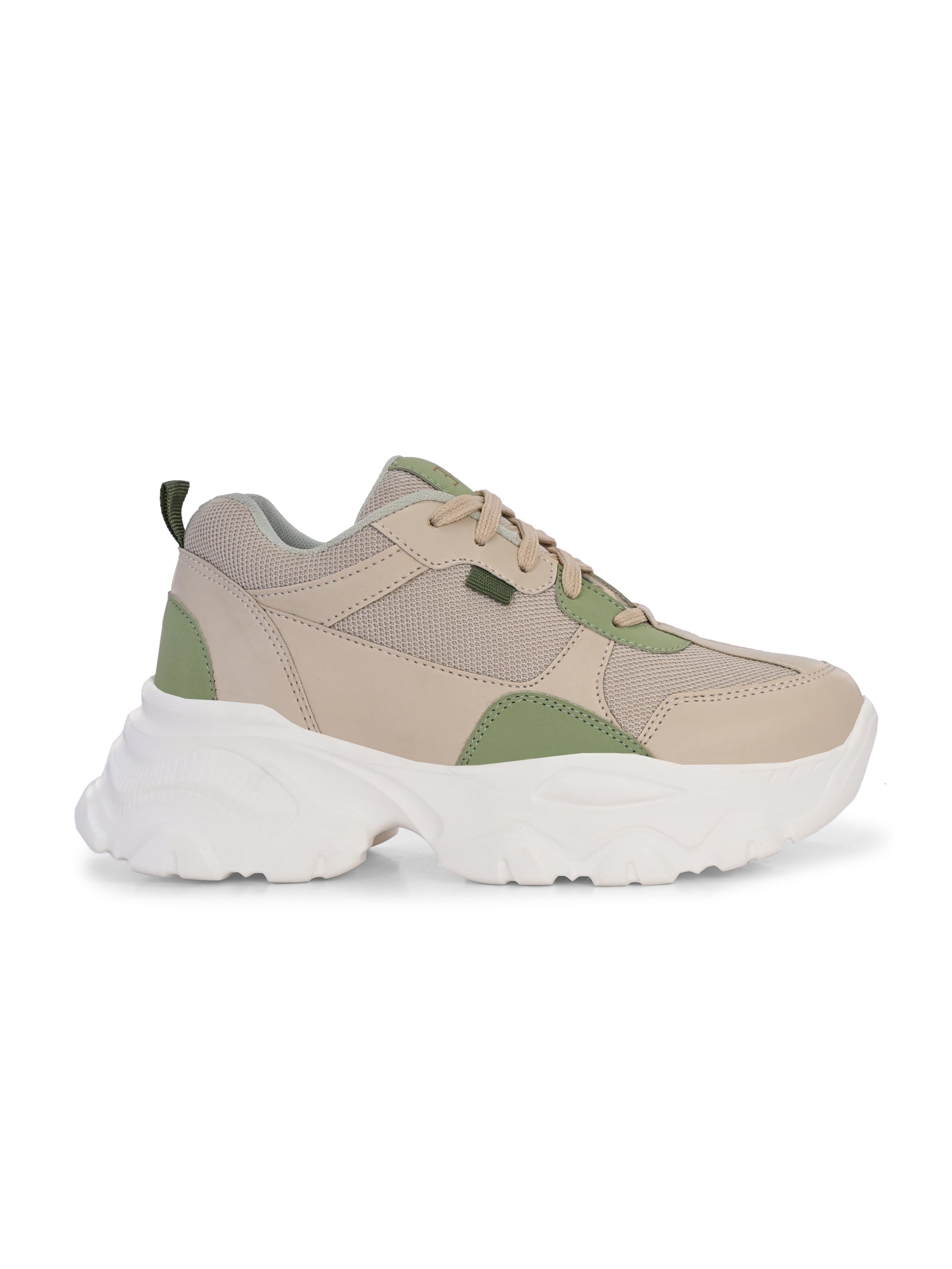 Beige and green chunky sneaker with a textured sole and modern design