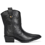 Black ankle boots with intricate decorative stitching, featuring a slip-on design.