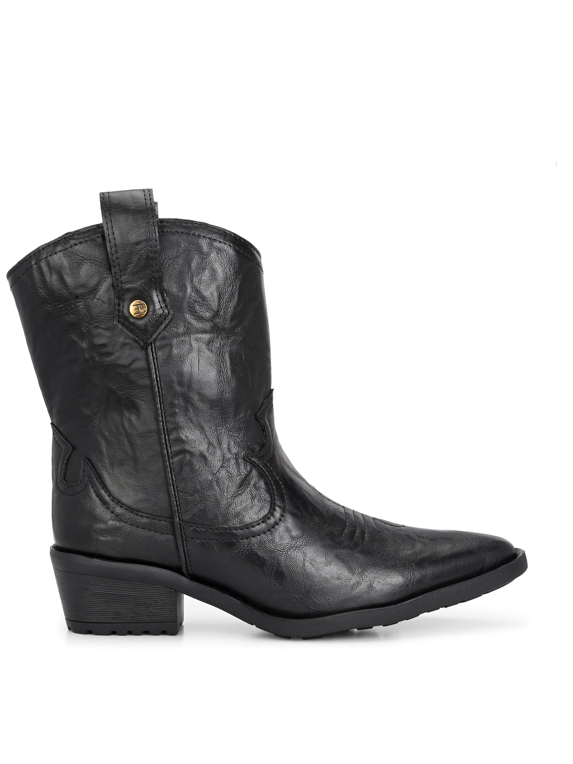Black ankle boots with intricate decorative stitching, featuring a slip-on design.