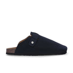 Blue suede slip-on clog with a black rubber sole and adjustable strap.